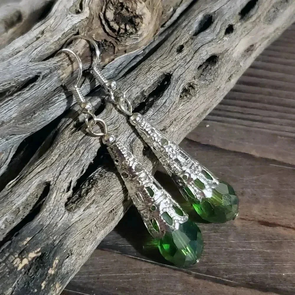 Hand Crafted Caged Filigree Faceted Green Crystal Silver Teardrop Earrings